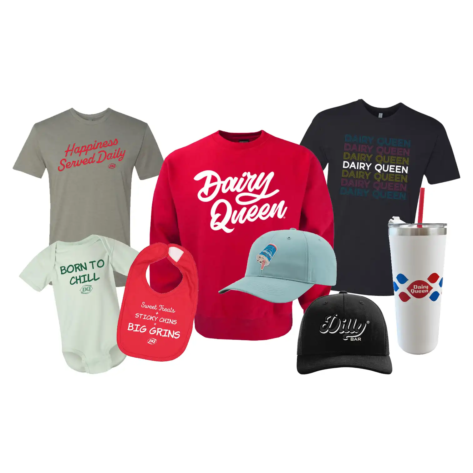 Dairy Queen apparel and merchandise, like a hoodie, baby onesie, short sleeve shirts, hats, and a mug.