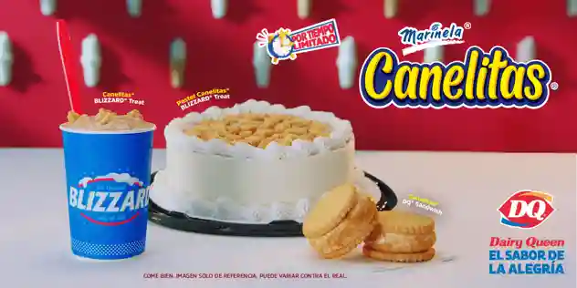 Marinela Canelitas Blizzard con cuchara roja, Pastel Helado Canelitas y dos Sándwiches Canelitas DQ.