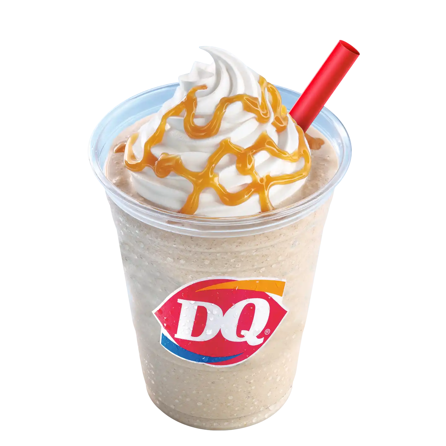 Café Frappé Caramelo con crema batida en vaso del la marca DQ.