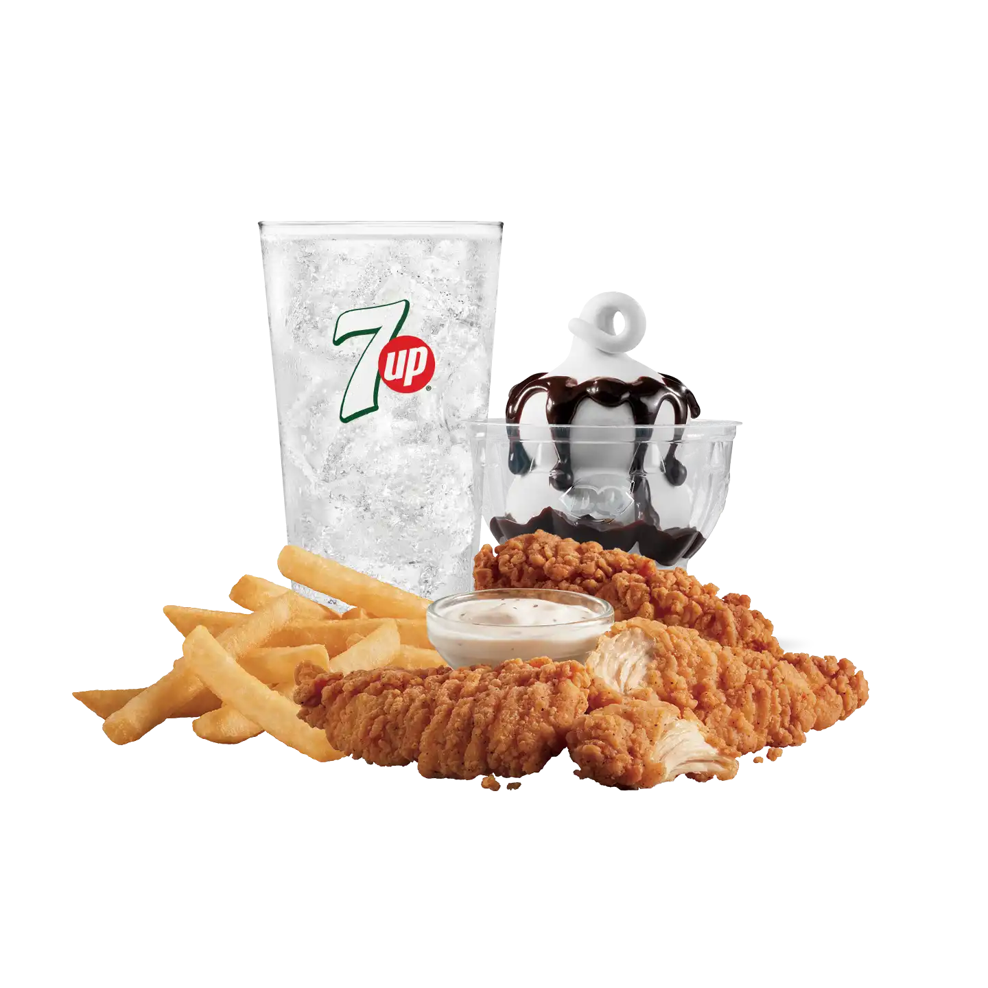 3-piece chicken strip meal with fries, Diet Pepsi and sundae
