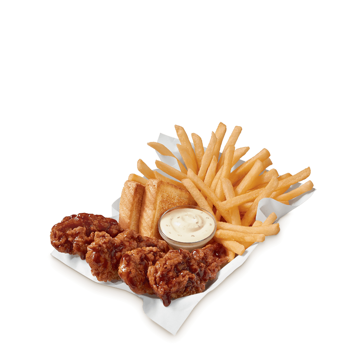 Honey BBQ chicken strips with fries, toast and dipping sauce