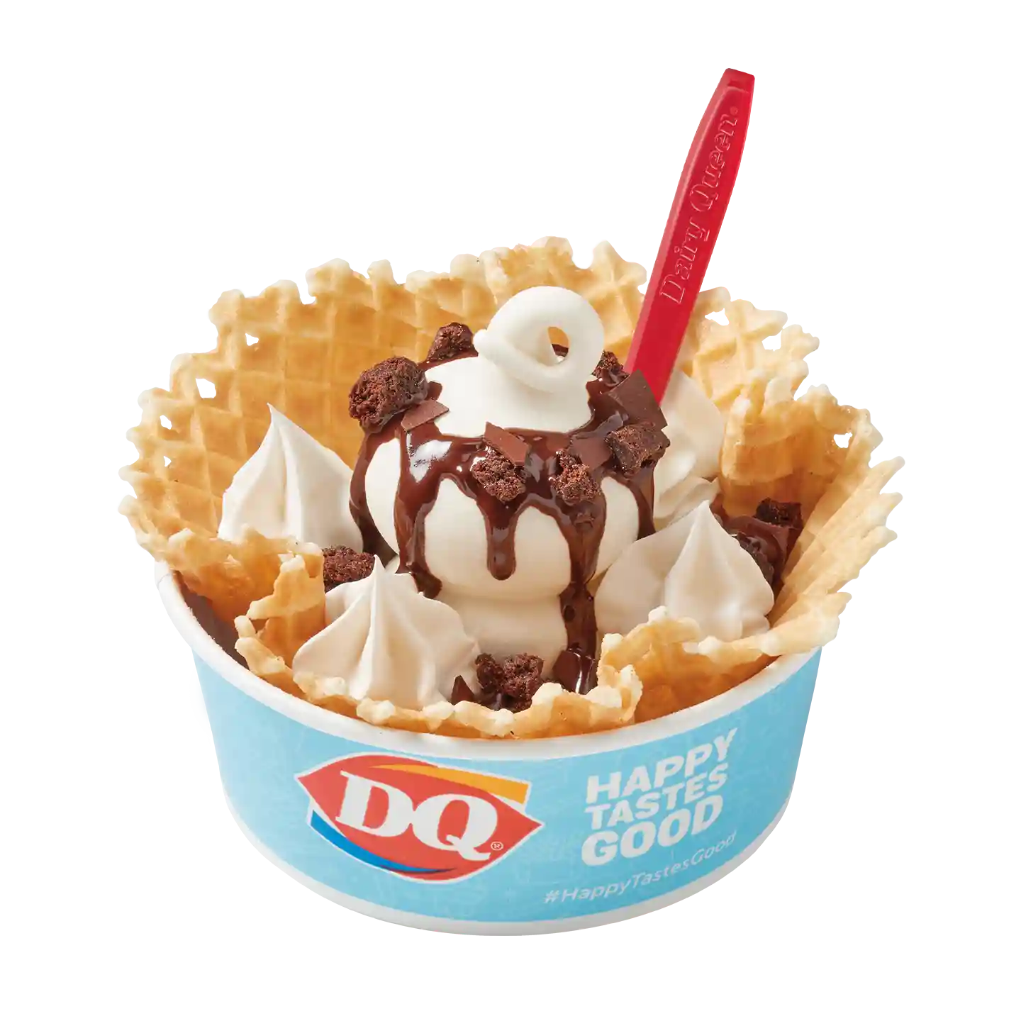 Canasta Waffle Choco Xtreme en una taza de la marca DQ.
