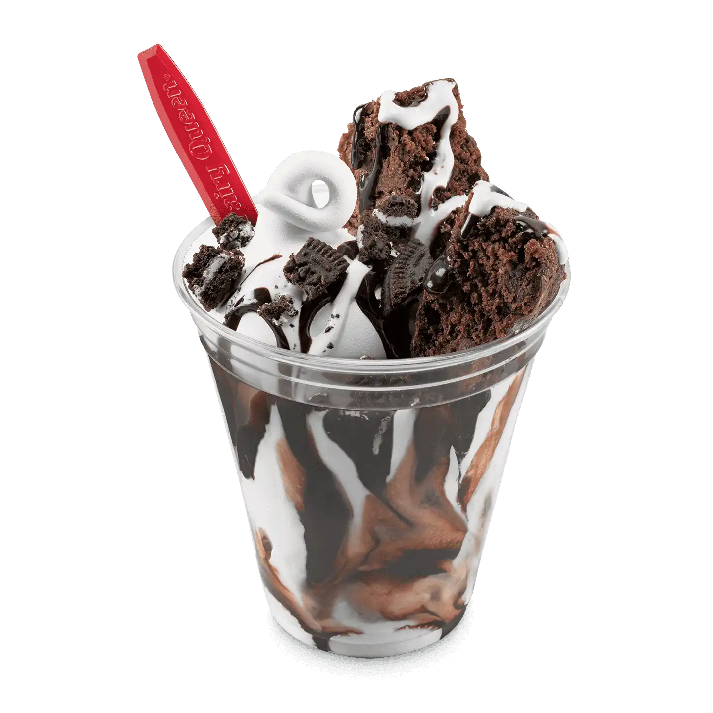 Dairy Queen cupfection: soft serve, Oreo cookie pieces, triple chocolate brownie pieces, marshmallow, and chocolate sauce in a clear plastic cup.