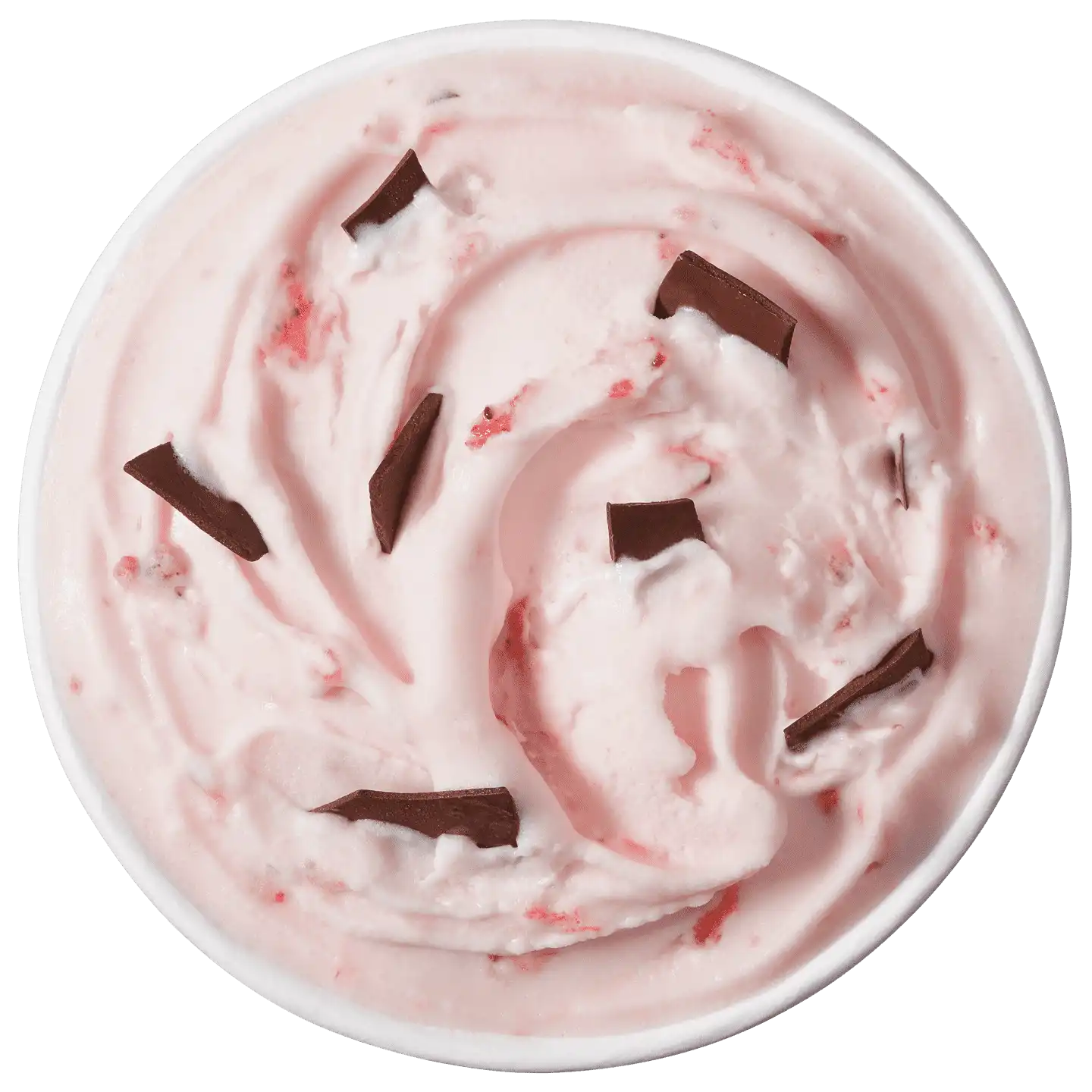 Vista cenital de Blizzard Treat Choco Fresa con trozos de chocolate oscuro mezclados en helado cremoso rosa fresa.