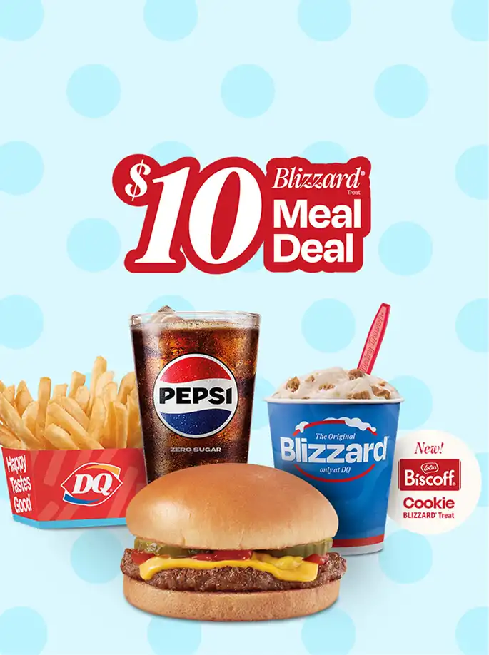 A regular fry basket, cheeseburger, pepsi in a glass and mini Blizzard treat