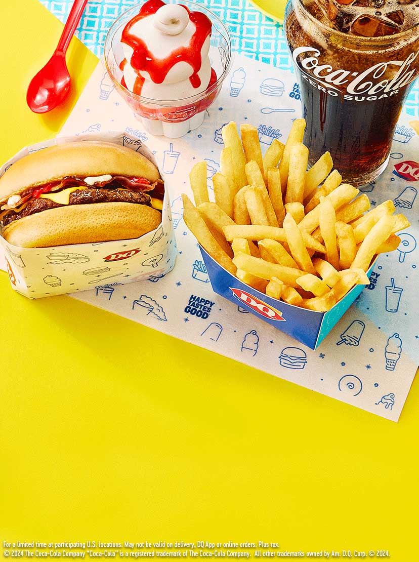 bacon cheeseburger with a sundae, fries and a coke zero