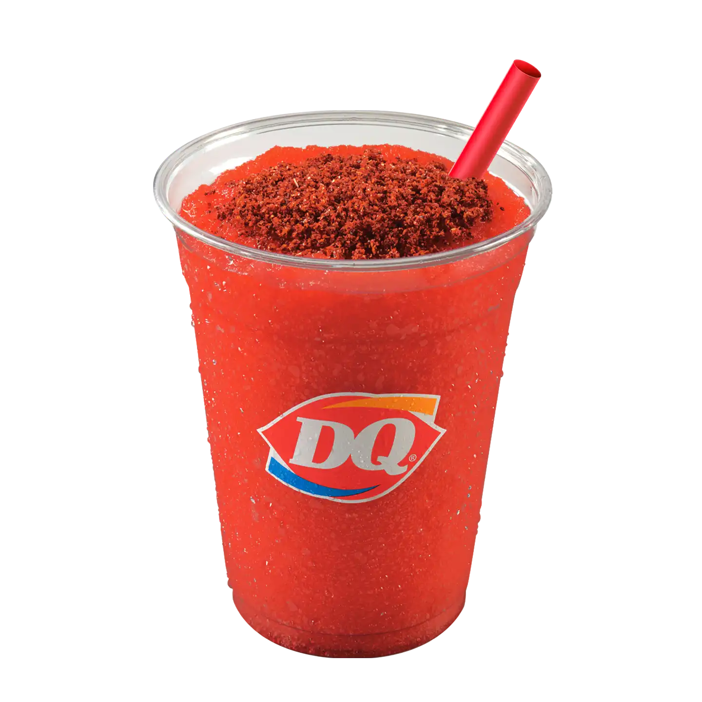 Cereza Negra Chilito Slush en un vaso de la marca DQ.