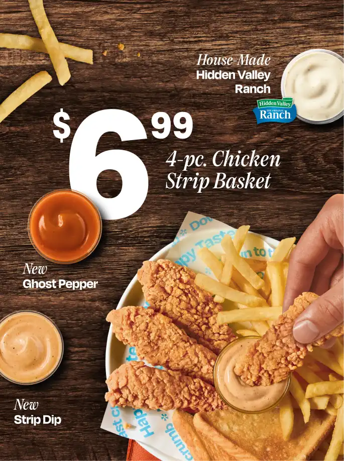A 4 piece chicken strip basket with 3 dipping sauces