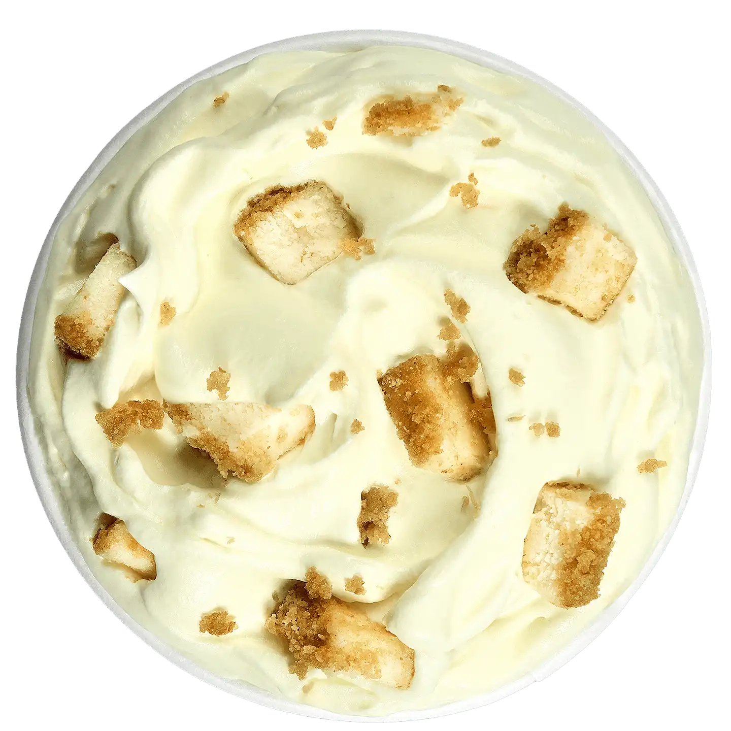 Vista cenital de Blizzard Treat Limon Pay de Queso con trozos de galleta y base de pay mezclados en helado cremoso.