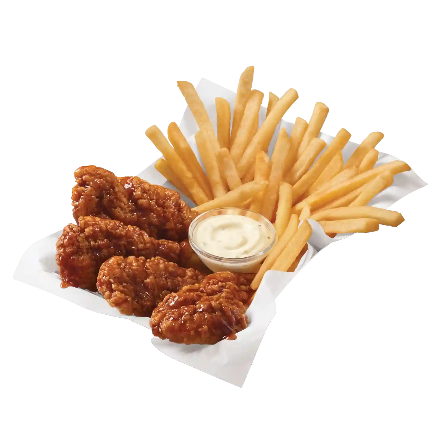 Honey BBQ Chicken Strip Basket with fries and dipping sauce