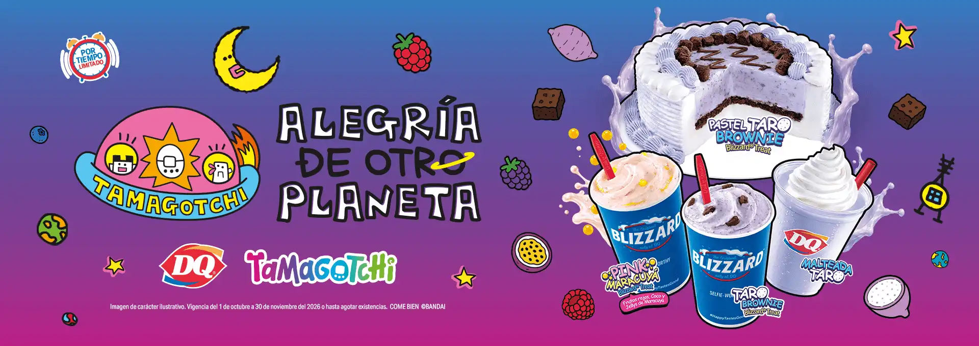 Banner DQ x Tamagotchi Alegria de Otro Planeta con Pastel Taro Brownie, Blizzard Pinko Maracuya, Taro Brownie y Malteada Taro.