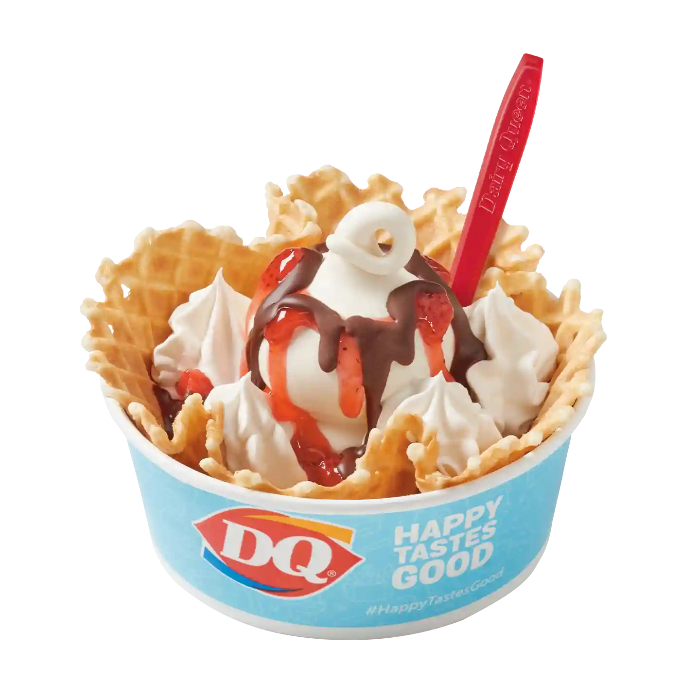 Canasta Waffle Choco Fresa en una taza de la marca DQ.