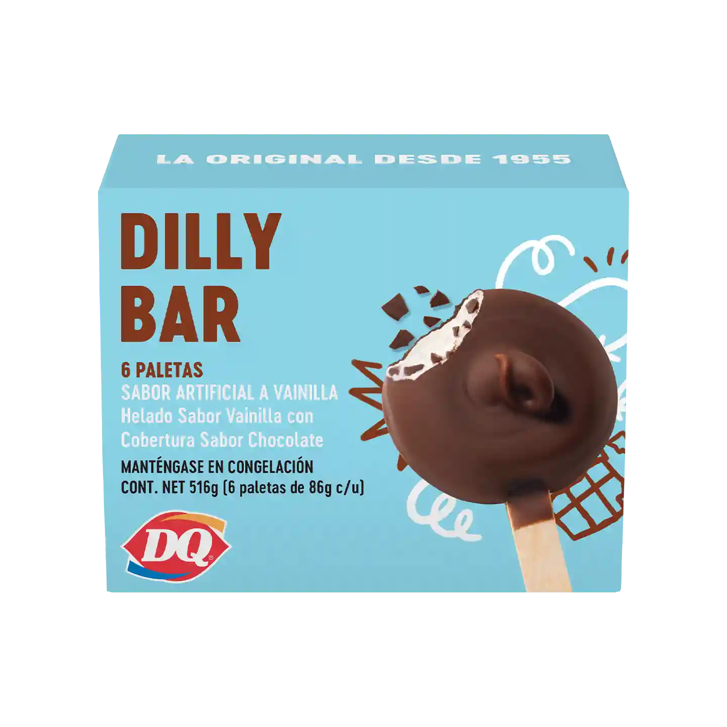Paquete de seis Dilly Bars en envase de la marca DQ.