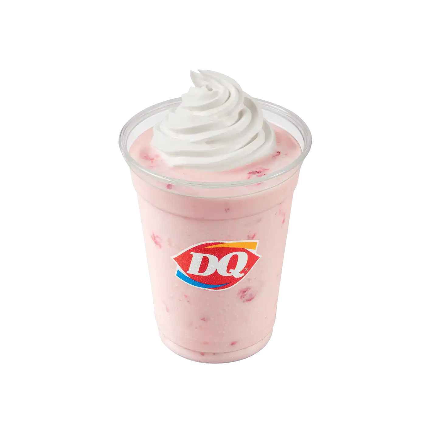Strawberry Shake with whipped cream topping in a DQ cup.