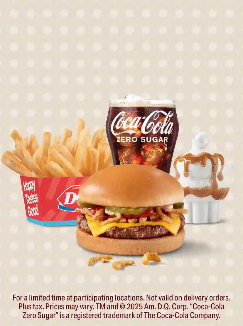 crispy onion burger with fries, a drink and a sundae