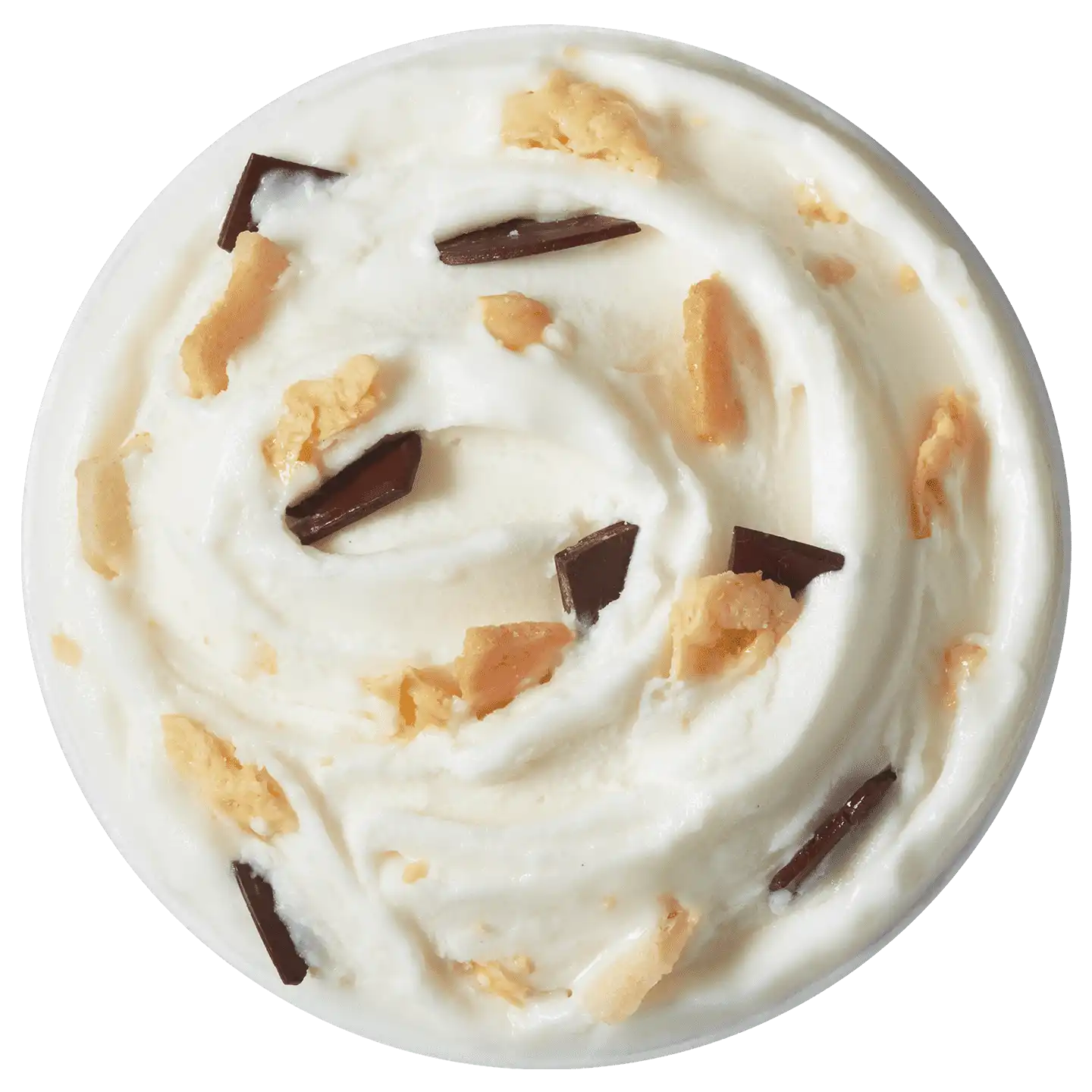 Vista cenital de Blizzard Treat Choco Marquesita con trozos de galleta waffle y chocolate oscuro en helado cremoso blanco.