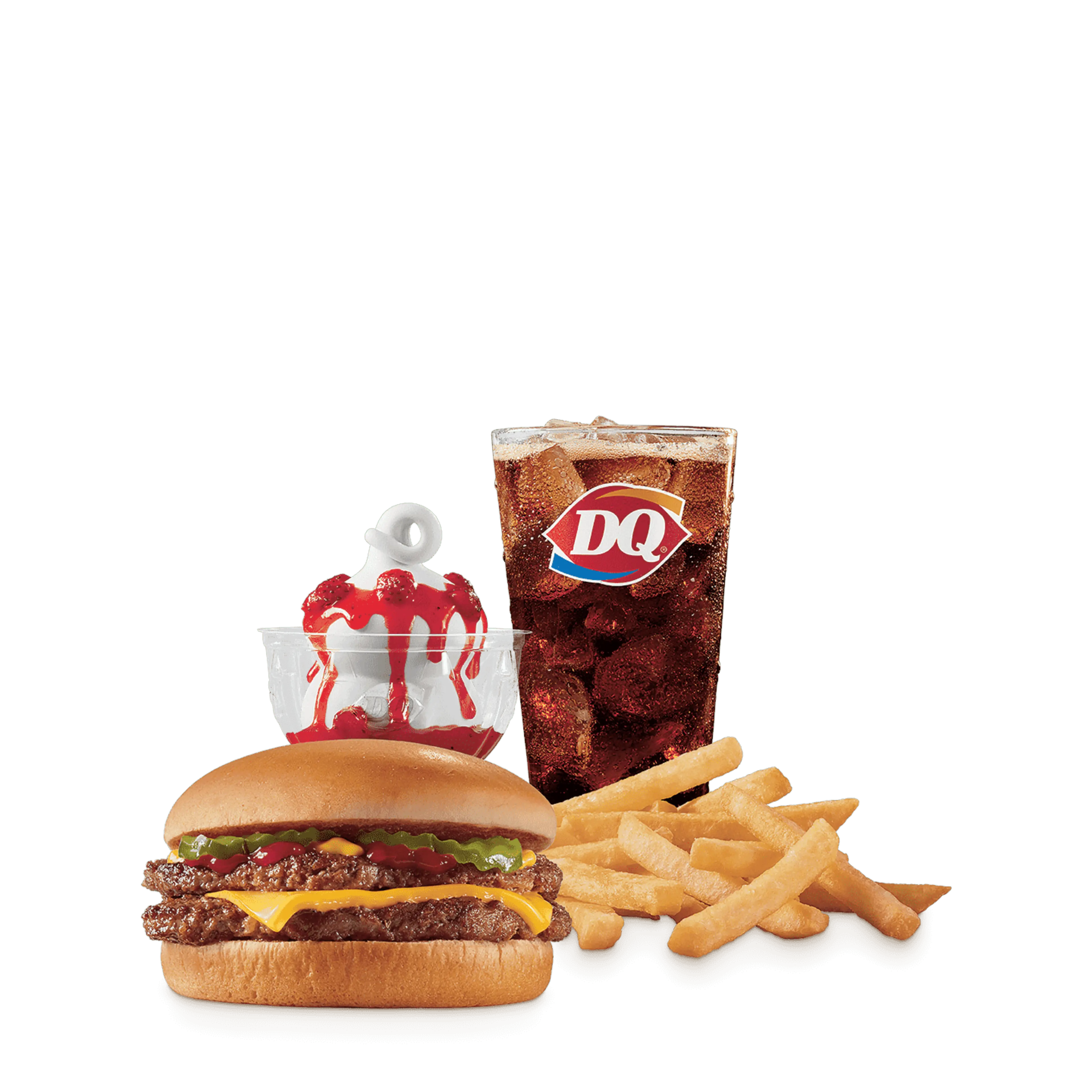 1/3rd double with pickles, ketchup and mustard. 21oz. drink and small sundae