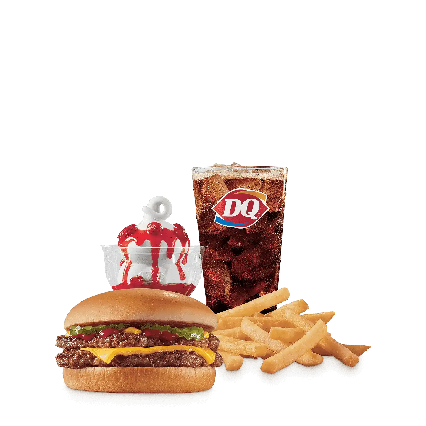 1/3rd double with pickles, ketchup and mustard. 21oz. drink and small sundae