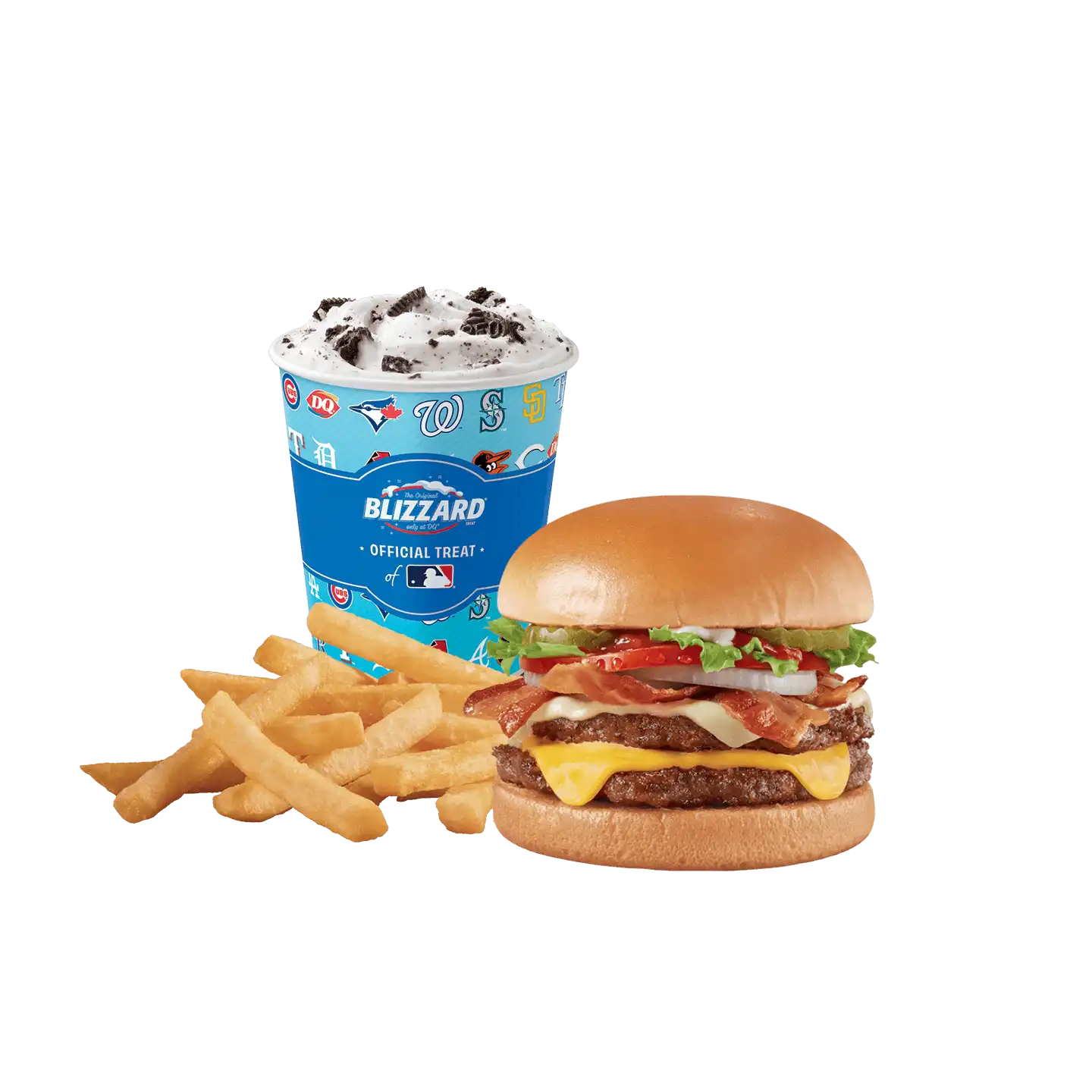 Bacon Two Cheese Stackburger, Oreo Blizzard Treat, and Fries
