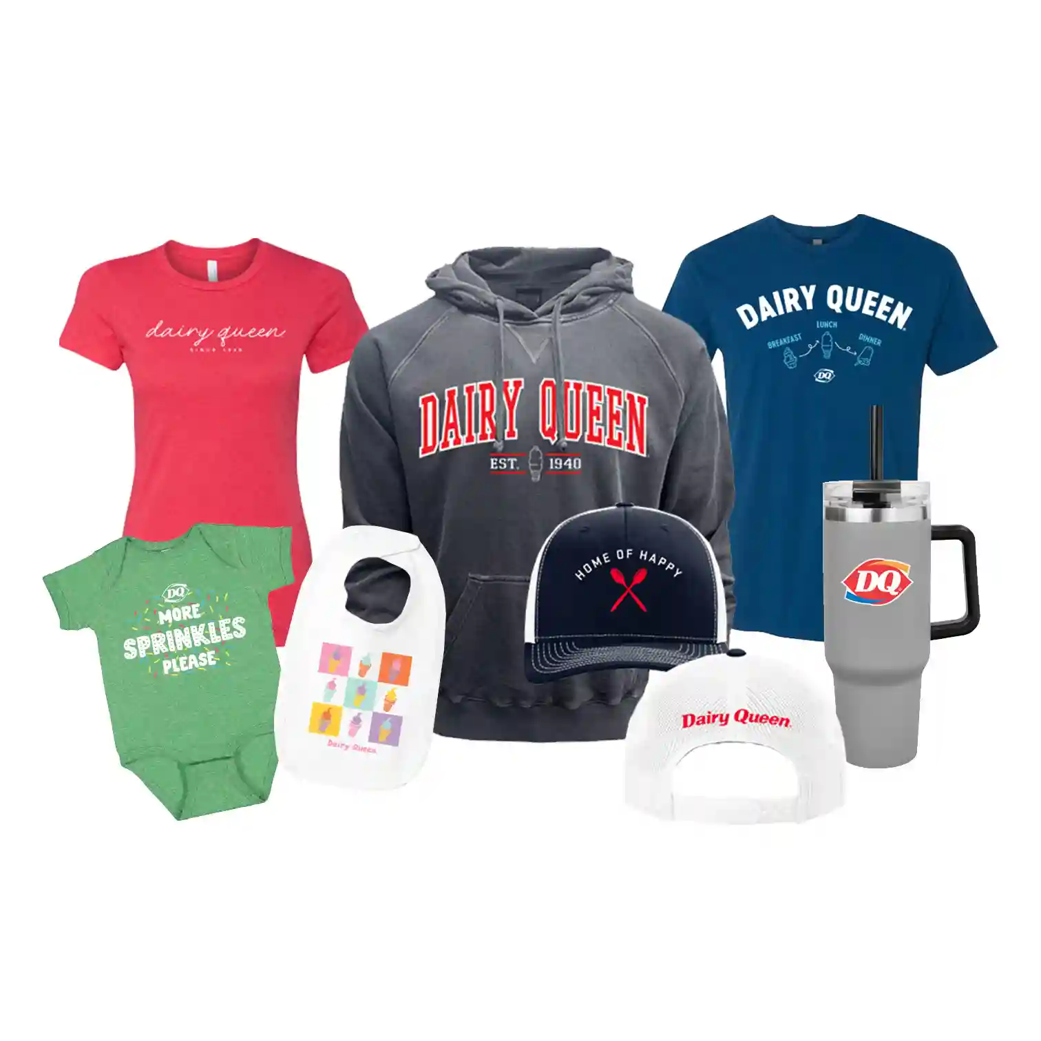 Dairy Queen apparel and merchandise, like a hoodie, baby onesie, short sleeve shirts, hats, and a mug.