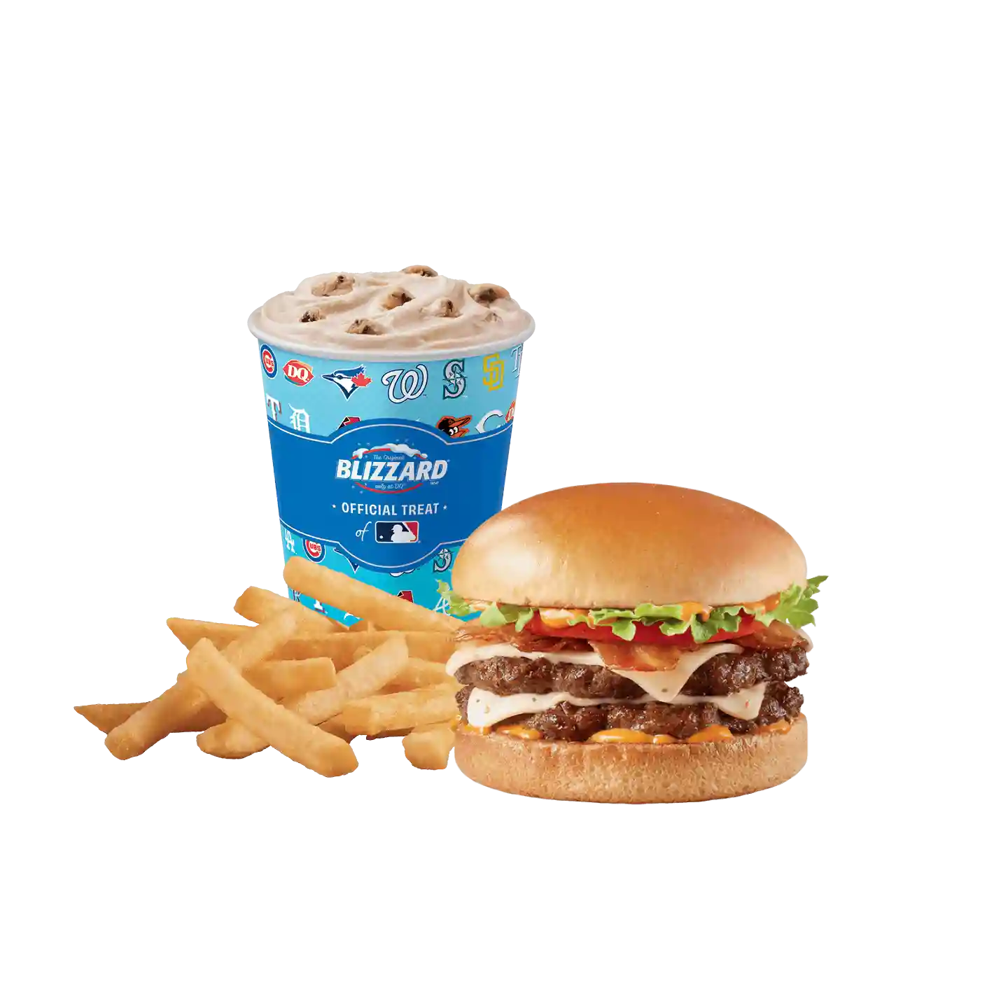 Flamethrower Stackburger, cookie dough blizzard, and fries