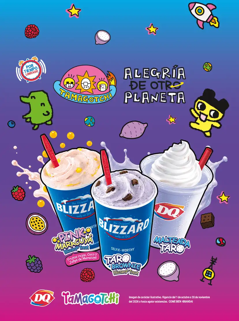 Banner mobile DQ x Tamagotchi Alegria de Otro Planeta con Blizzard Pinko Maracuya, Taro Brownie y Malteada Taro, por tiempo limitado.