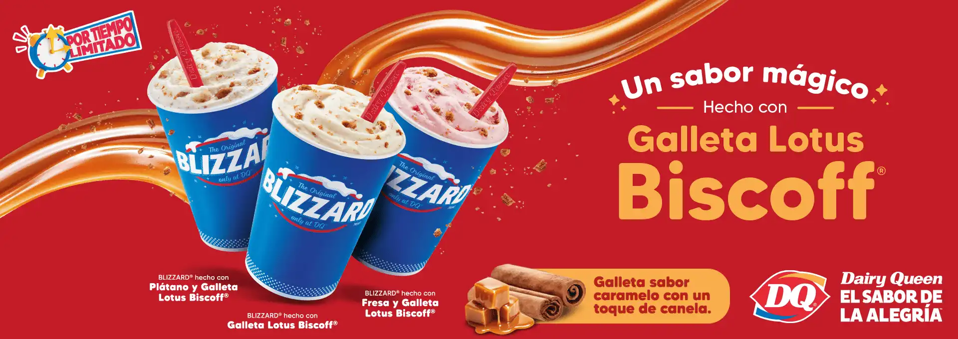 Blizzards de Lotus Biscoff de plátano y galleta, galleta, fresa y galleta con cucharas rojas.