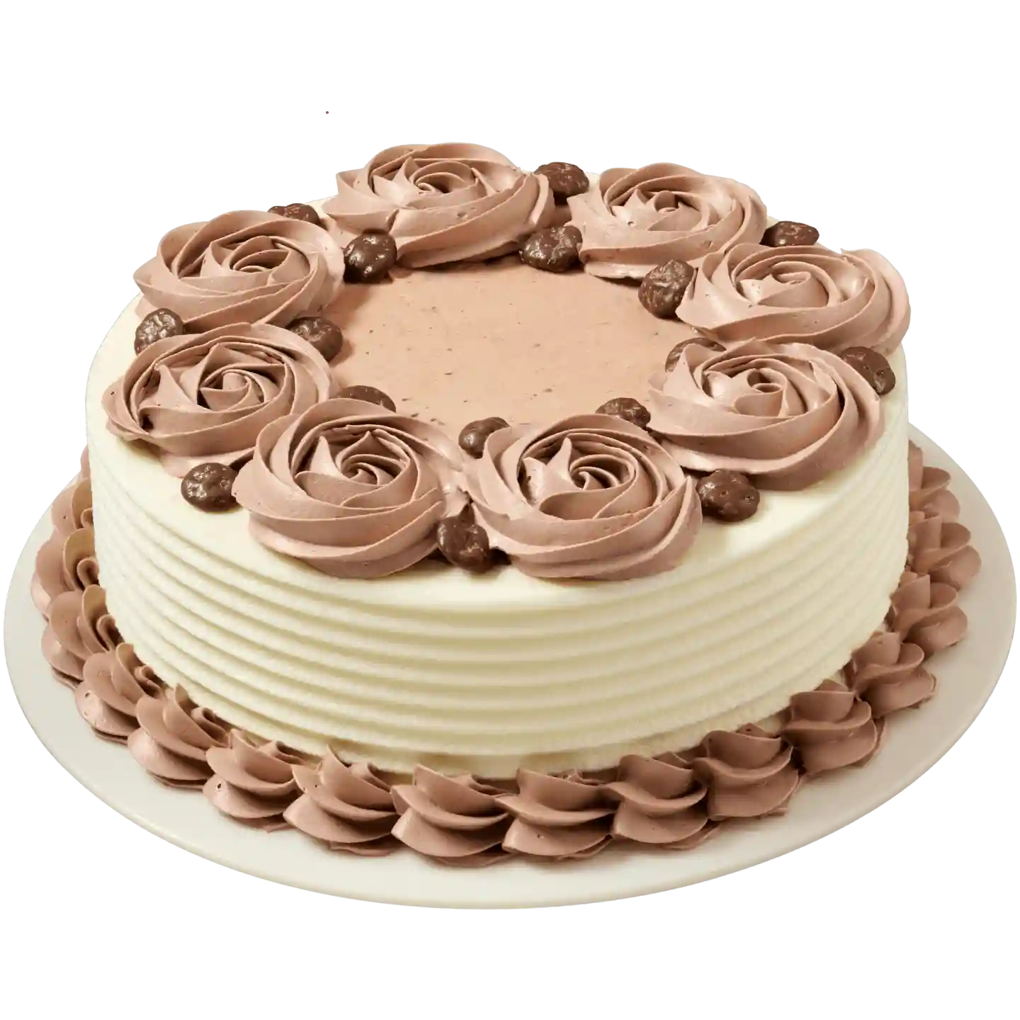 Pastel Kranky decorado con rosas y esferas de crema de chocolate, base blanca con bordes en espiral.