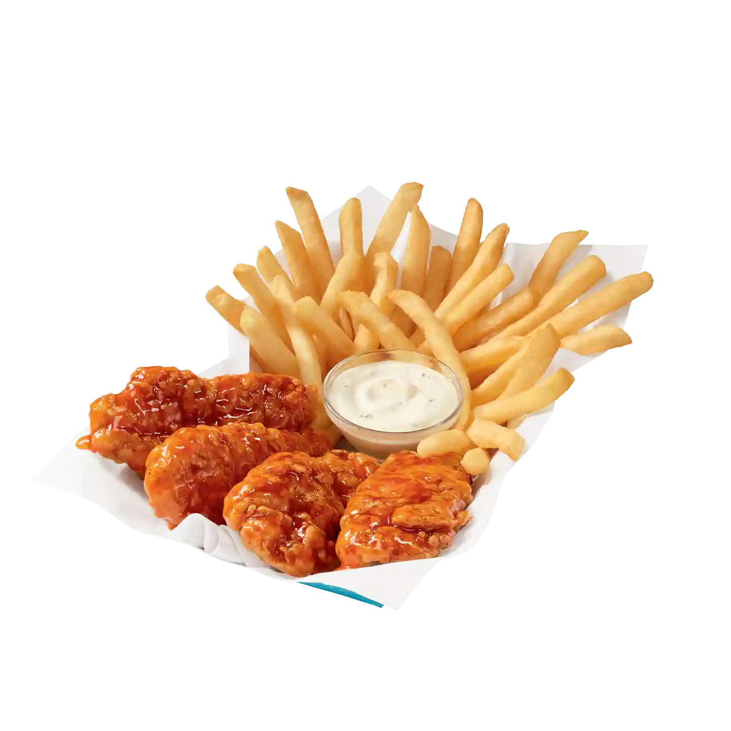 Buffalo chicken strips with fries, toast and dipping sauce