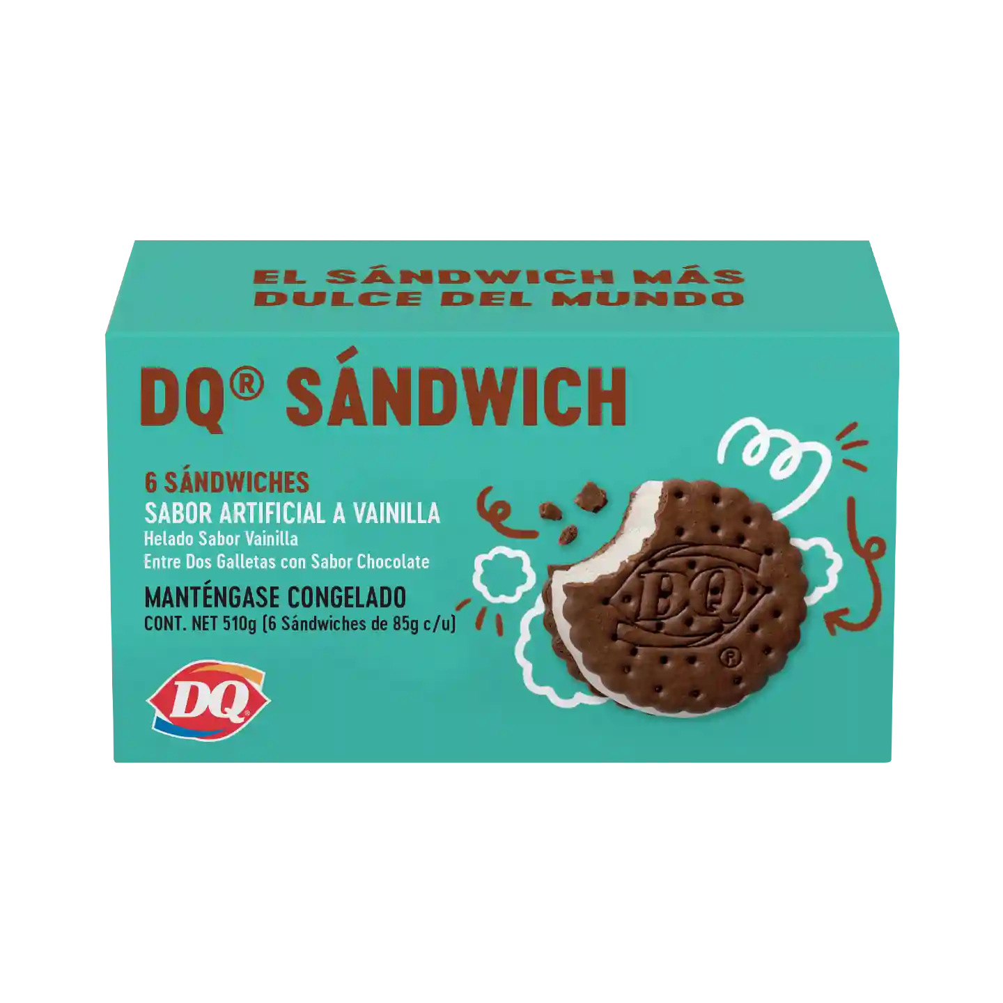Paquete de seis sándwiches en envase de la marca DQ.