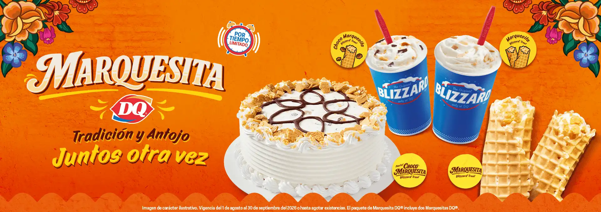 Banner Marquesita DQ Tradicion y Antojo Juntos otra vez con Pastel Choco Marquesita, dos Blizzard Treat y marquesitas, fondo naranja.