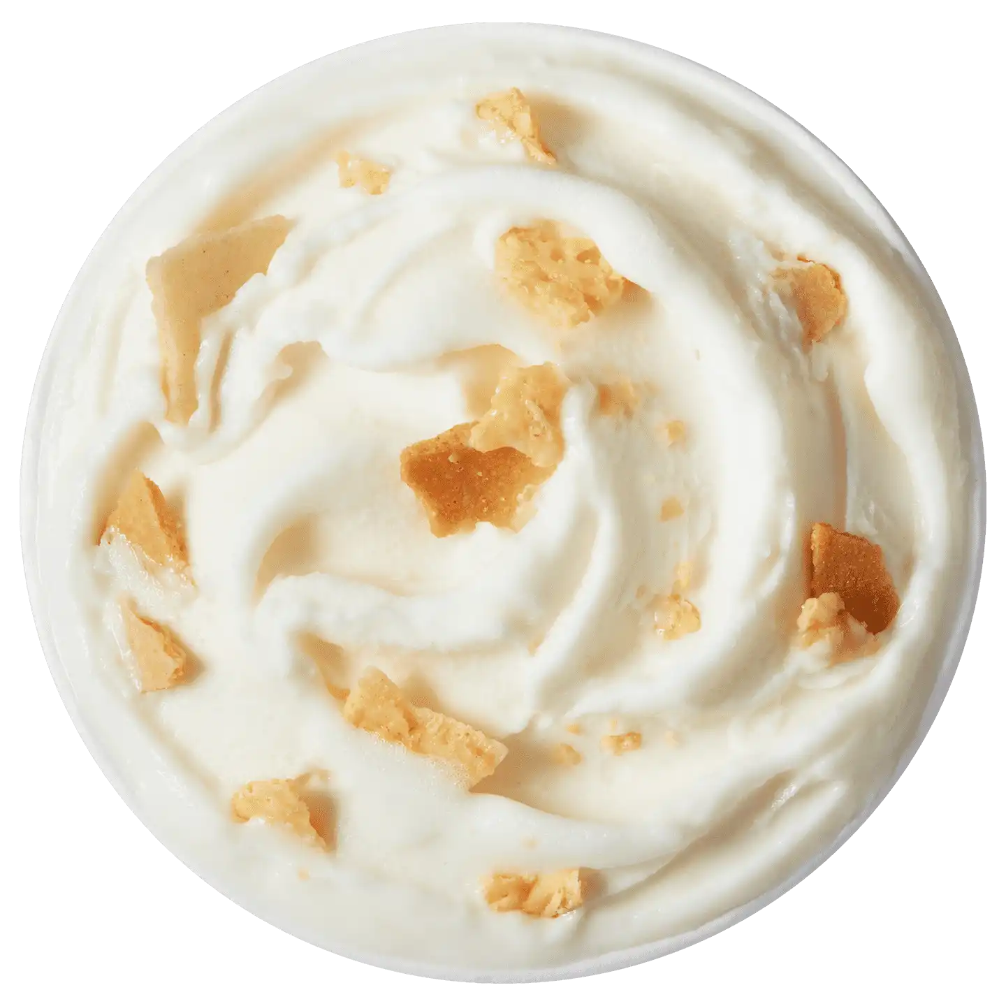 Vista cenital de Blizzard Treat Marquesita con trozos de galleta waffle mezclados en helado cremoso blanco.